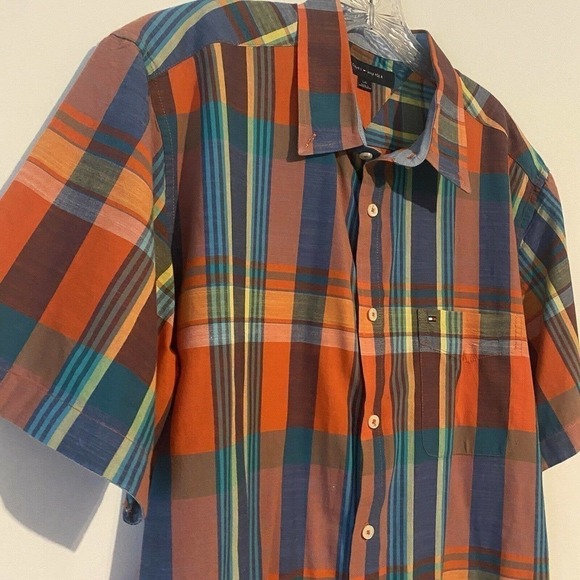 TOMMY Hilfiger Button Up Shirt Short Sleeve Orange Blue Plaid Checks Large - Picture 9 of 9